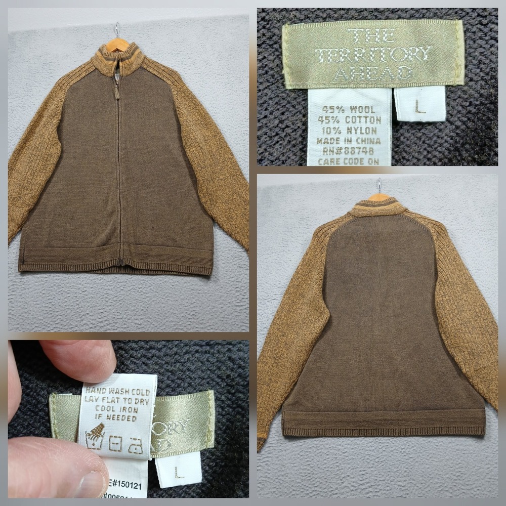 The Territory Ahead Wool Cotton Blend Zip Sweater Men's Large Brown Two-Tone
